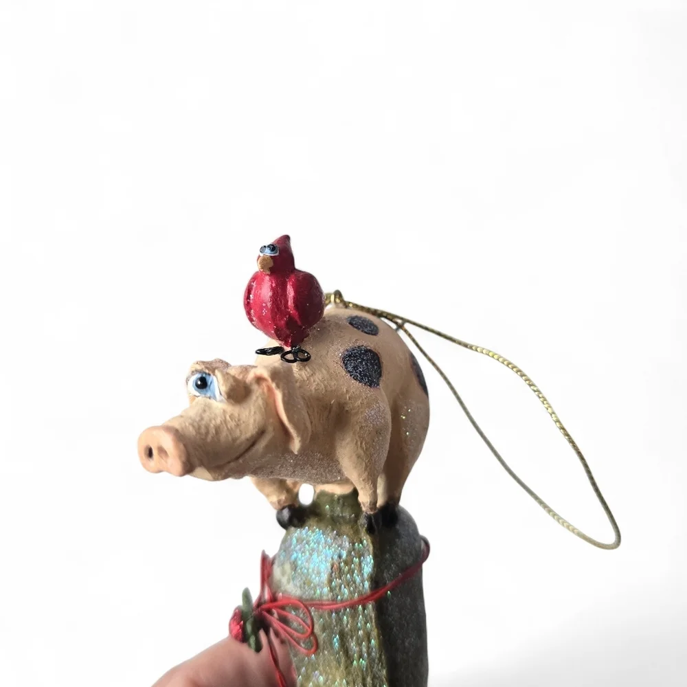 Whimsical Pig on Corn Ornament with Cardinal Folk Art Christmas Tree Decor